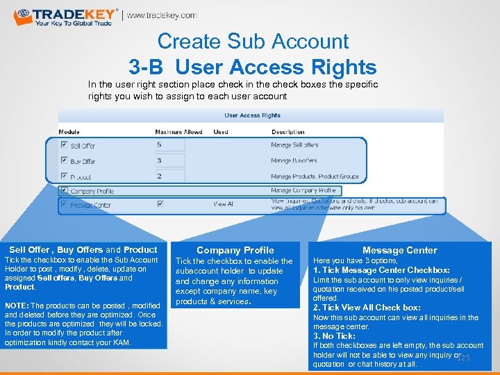 Create Sub Account 3 -B User Access Rights In the user right section place