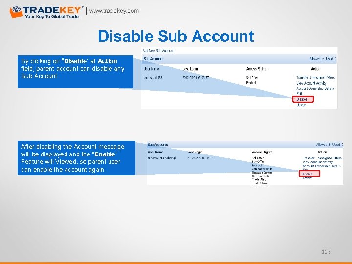 Disable Sub Account By clicking on “Disable” at Action field, parent account can disable