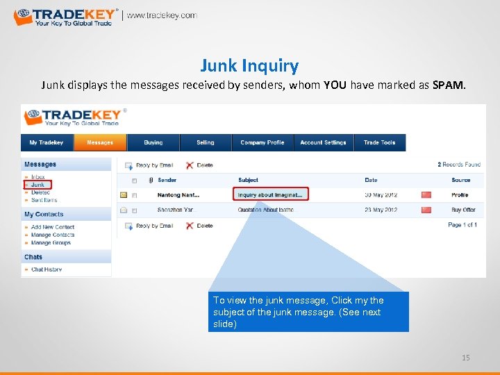 Junk Inquiry Junk displays the messages received by senders, whom YOU have marked as