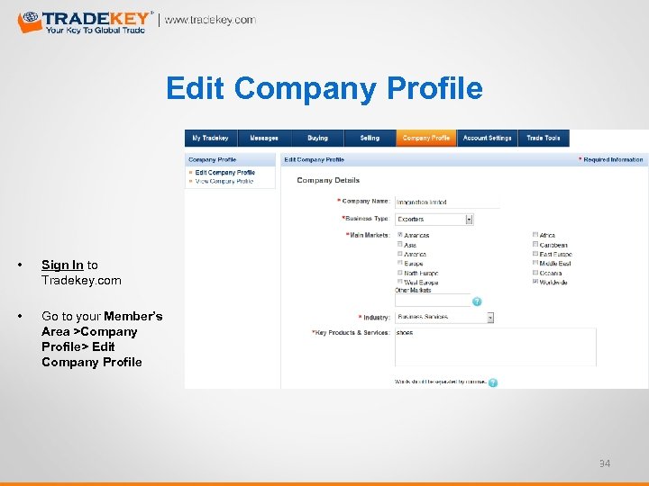 Edit Company Profile • Sign In to Tradekey. com • Go to your Member’s