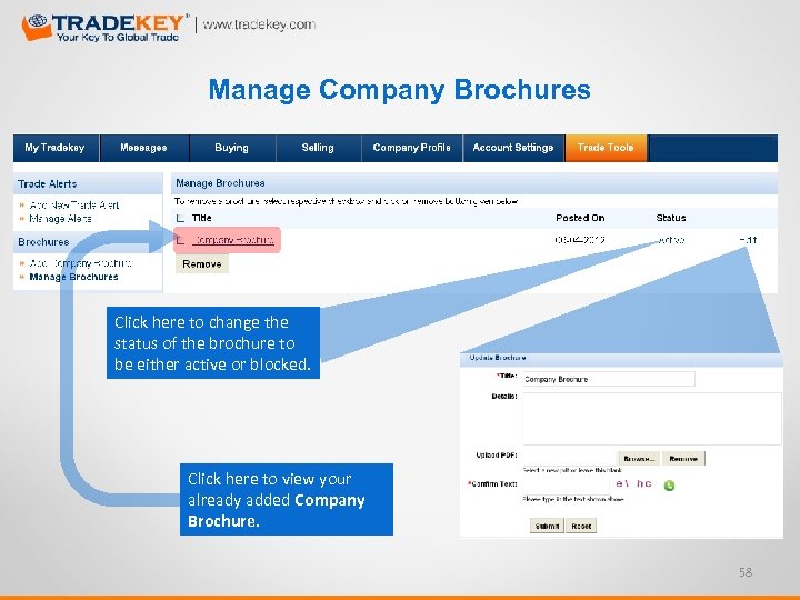 Manage Company Brochures Click here to change the status of the brochure to be