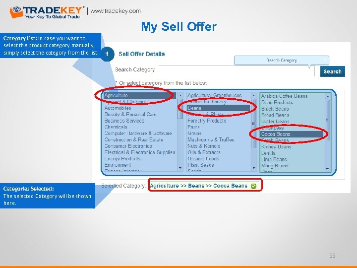 My Sell Offer Category List: In case you want to select the product category