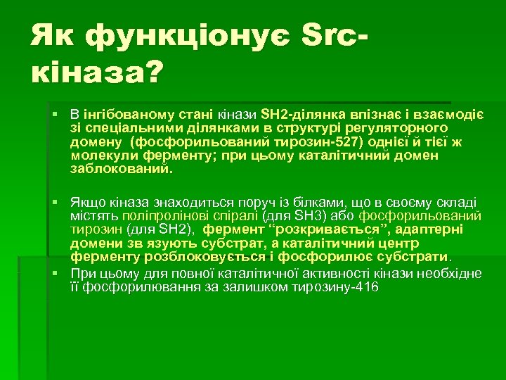 Як функціонує Srcкіназа? § В інгібованому стані кінази SH 2 -ділянка впізнає і взаємодіє