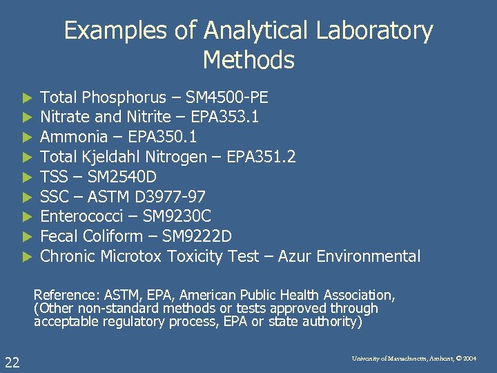 Examples of Analytical Laboratory Methods u u u u u Total Phosphorus – SM