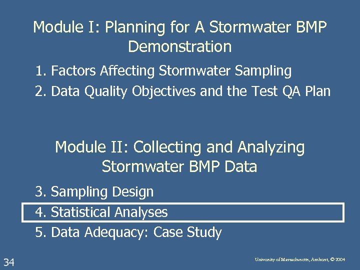 Module I: Planning for A Stormwater BMP Demonstration 1. Factors Affecting Stormwater Sampling 2.