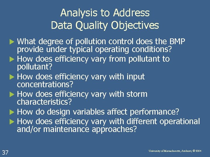 Analysis to Address Data Quality Objectives What degree of pollution control does the BMP