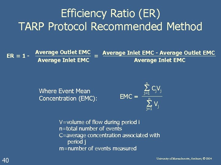 Efficiency Ratio (ER) TARP Protocol Recommended Method ER = 1 - Average Outlet EMC