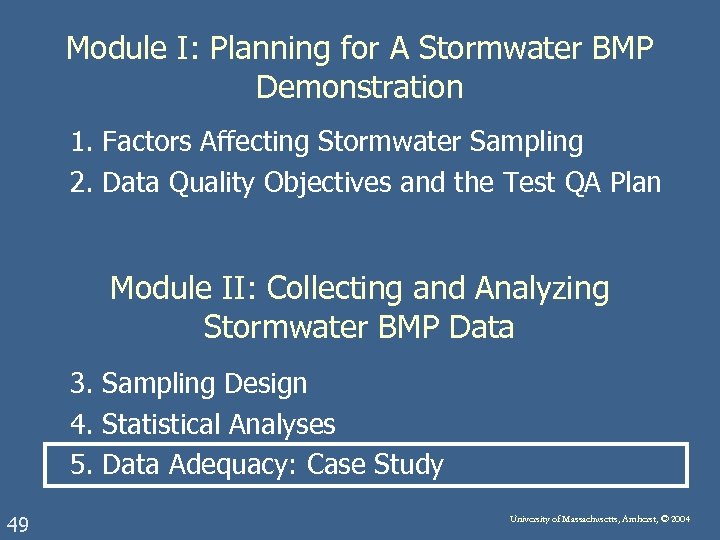 Module I: Planning for A Stormwater BMP Demonstration 1. Factors Affecting Stormwater Sampling 2.