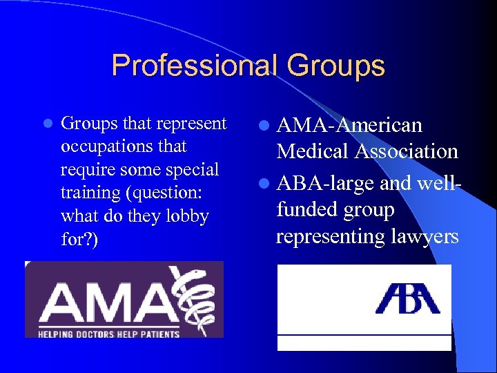 Professional Groups that represent occupations that require some special training (question: what do they