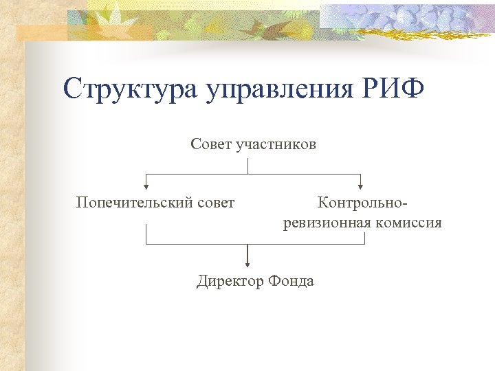 Структура управления РИФ Совет участников Попечительский совет Контрольноревизионная комиссия Директор Фонда 