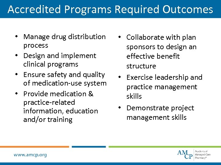 Accredited Programs Required Outcomes • Manage drug distribution process • Design and implement clinical