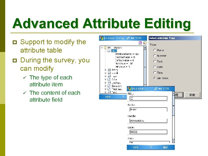 Advanced Attribute Editing p p Support to modify the attribute table During the survey,