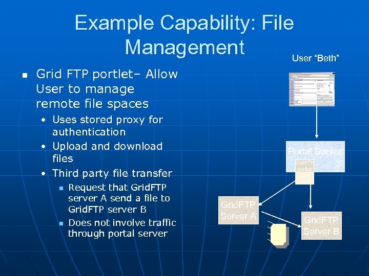 Example Capability: File Management User “Beth” n Grid FTP portlet– Allow User to manage