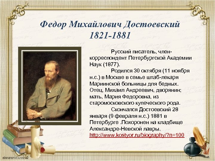 Федор Михайлович Достоевский 1821 -1881 Русский писатель, членкорреспондент Петербургской Академии Наук (1877). Родился 30