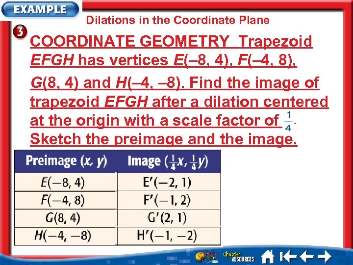 Dilations in the Coordinate Plane COORDINATE GEOMETRY Trapezoid EFGH has vertices E(– 8, 4),