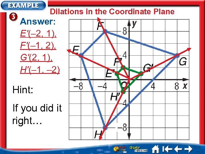 Dilations in the Coordinate Plane Answer: E'(– 2, 1), F'(– 1, 2), G'(2, 1),
