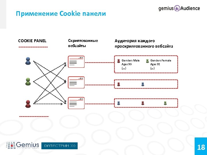 Применение Cookie панели COOKIE PANEL Скриптованные вебсайты Аудитория каждого проскриптованного вебсайта Gender: Male Age:
