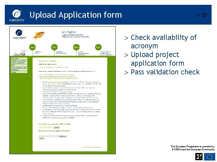 Upload Application form > 21 Check availability of acronym Upload project application form Pass