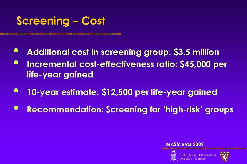 Screening – Cost • • Additional cost in screening group: $3. 5 million Incremental