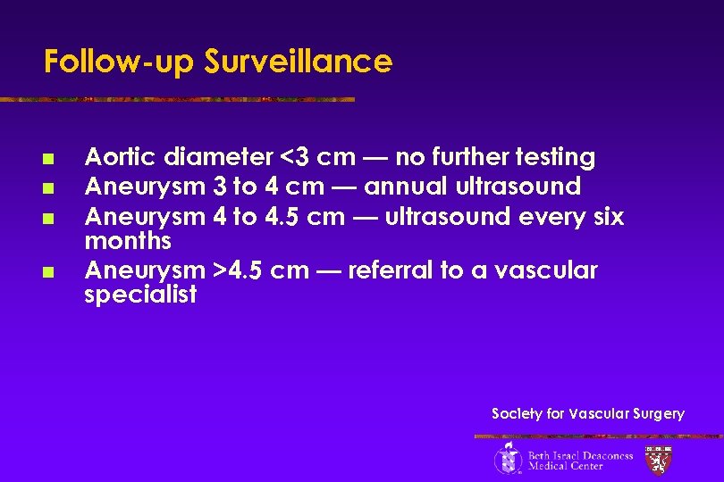 Follow-up Surveillance n n Aortic diameter <3 cm — no further testing Aneurysm 3