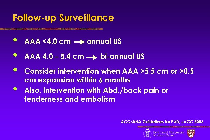 Follow-up Surveillance • • AAA <4. 0 cm AAA 4. 0 – 5. 4