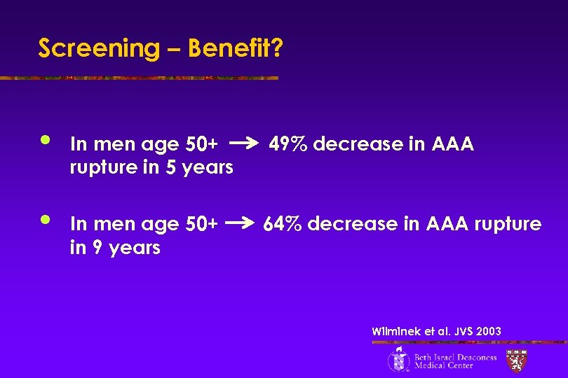 Screening – Benefit? • In men age 50+ rupture in 5 years 49% decrease