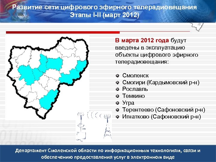 Развитие сети цифрового эфирного телерадиовещания Этапы I-II (март 2012) В марта 2012 года будут