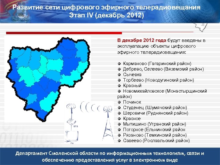 Развитие сети цифрового эфирного телерадиовещания Этап IV (декабрь 2012) В декабре 2012 года будут