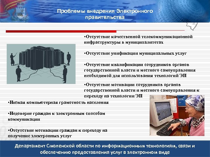 Проблемы внедрения Электронного правительства • Отсутствие качественной телекоммуникационной инфраструктуры в муниципалитетах • Отсутствие унификации