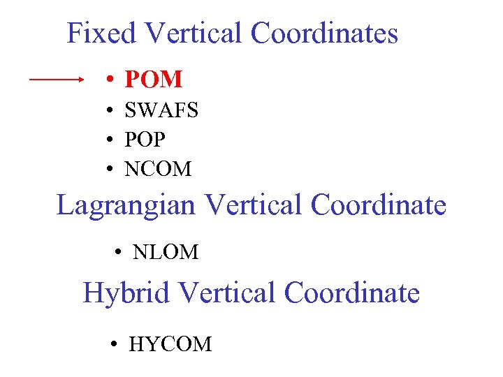 Fixed Vertical Coordinates • POM • SWAFS • POP • NCOM Lagrangian Vertical Coordinate