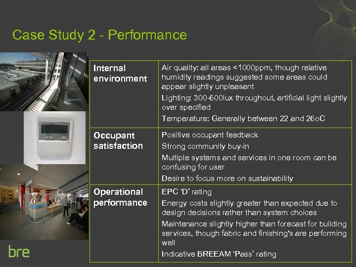 Case Study 2 - Performance Internal environment Air quality: all areas <1000 ppm, though