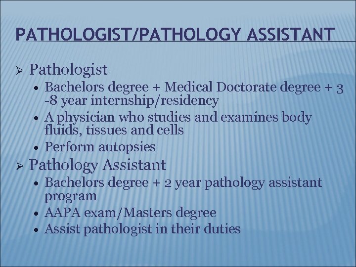 PATHOLOGIST/PATHOLOGY ASSISTANT Ø Pathologist Ø Bachelors degree + Medical Doctorate degree + 3 -8