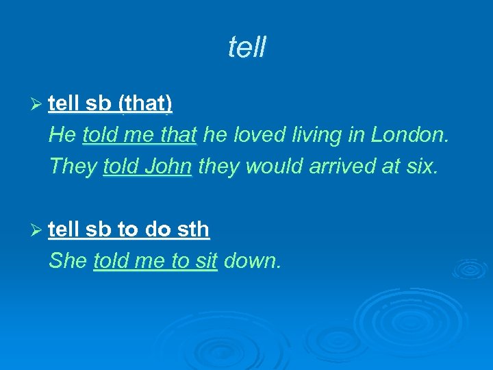 tell Ø tell sb (that) He told me that he loved living in London.