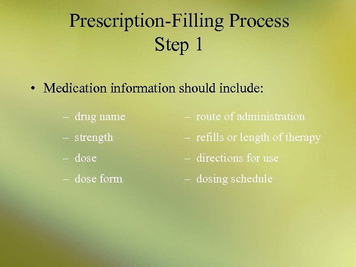Prescription-Filling Process Step 1 • Medication information should include: – drug name – route