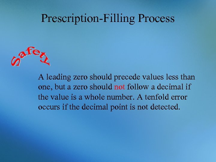 Prescription-Filling Process A leading zero should precede values less than one, but a zero