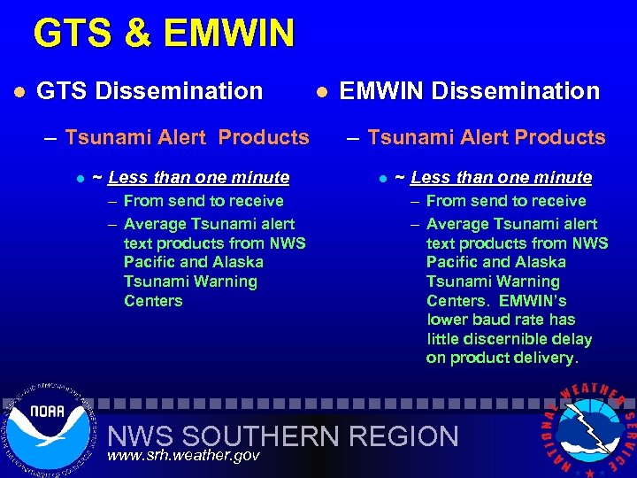 GTS & EMWIN l GTS Dissemination – Tsunami Alert Products l ~ Less than