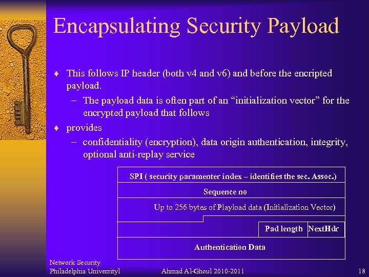 Encapsulating Security Payload ¨ This follows IP header (both v 4 and v 6)