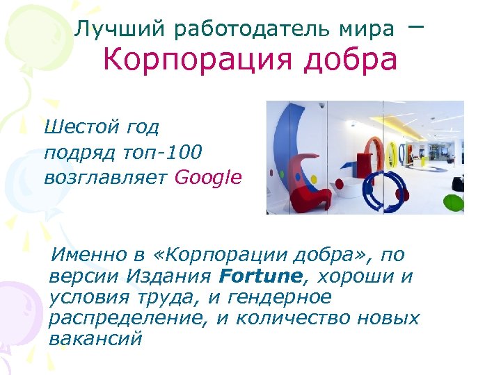 Лучший работодатель мира – Корпорация добра Шестой год подряд топ-100 возглавляет Google Именно в