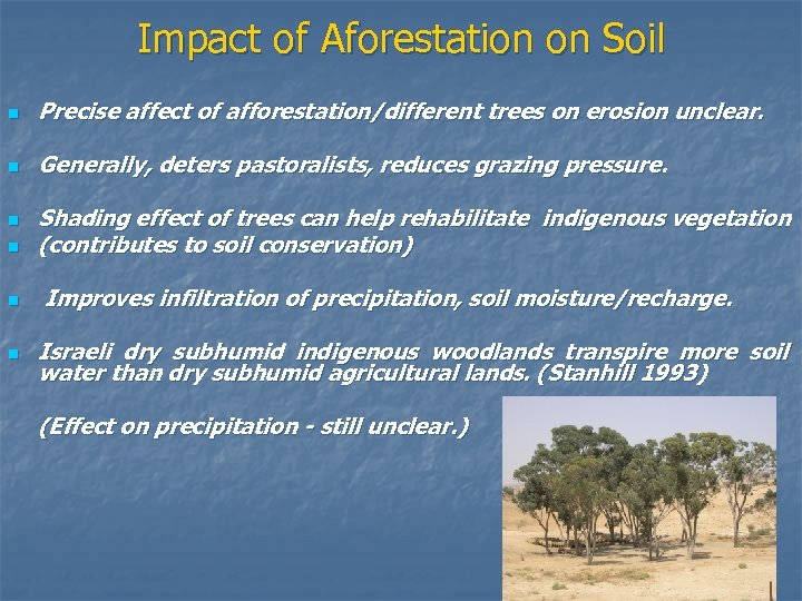Impact of Aforestation on Soil n Precise affect of afforestation/different trees on erosion unclear.