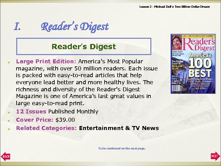 Lesson 3 - Michael Dell’s Two-Billion-Dollar Dream I. Reader’s Digest Large Print Edition: America's