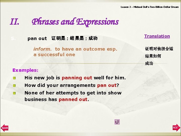 Lesson 3 – Mickael Dell’s Two-Billion-Dollar Dream II. 5. Phrases and Expressions pan out