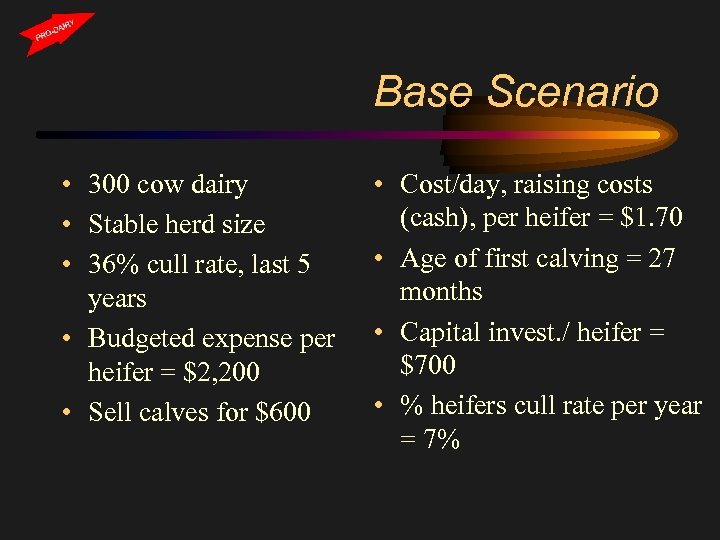 Base Scenario • 300 cow dairy • Stable herd size • 36% cull rate,