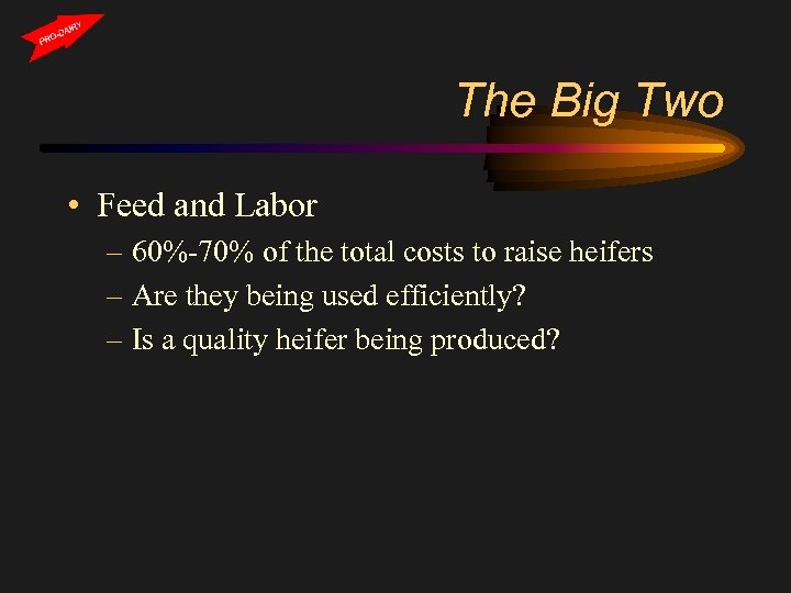 The Big Two • Feed and Labor – 60%-70% of the total costs to