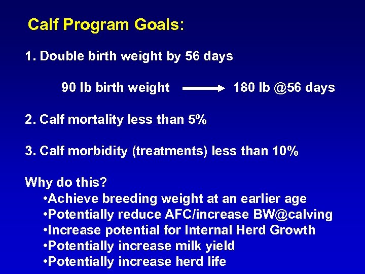 Calf Program Goals: 1. Double birth weight by 56 days 90 lb birth weight