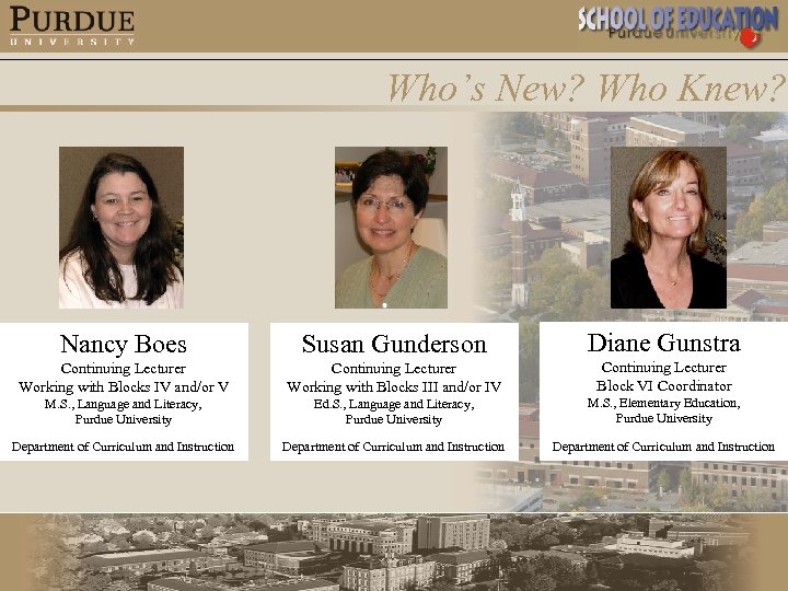 Who’s New? Who Knew? Nancy Boes Susan Gunderson Diane Gunstra Continuing Lecturer Working with