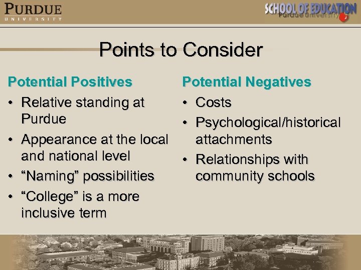 Points to Consider Potential Positives • Relative standing at Purdue • Appearance at the