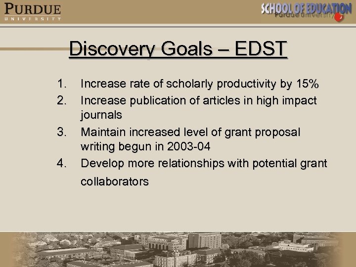 Discovery Goals – EDST 1. 2. 3. 4. Increase rate of scholarly productivity by