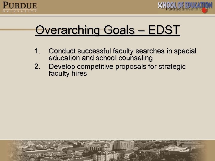 Overarching Goals – EDST 1. 2. Conduct successful faculty searches in special education and