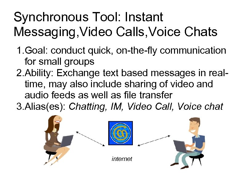 Synchronous Tool: Instant Messaging, Video Calls, Voice Chats 1. Goal: conduct quick, on-the-fly communication