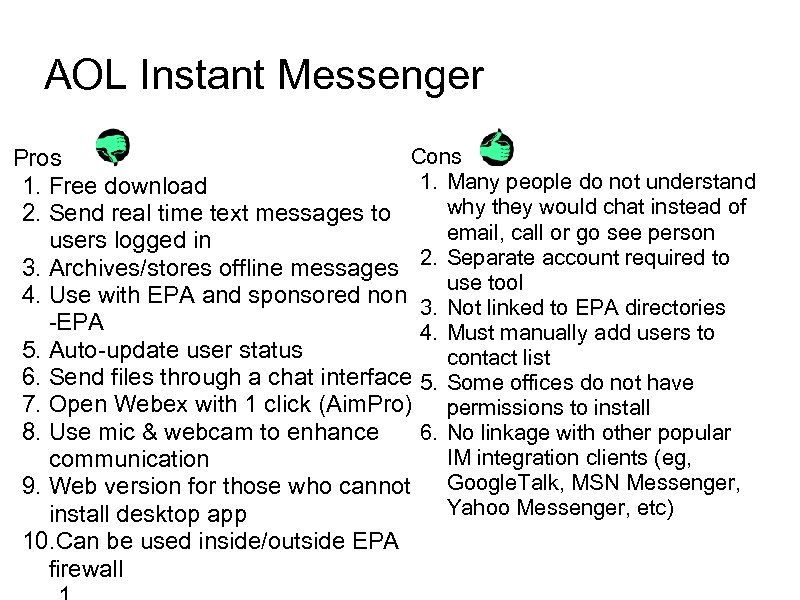 AOL Instant Messenger Cons Pros 1. Many people do not understand 1. Free download